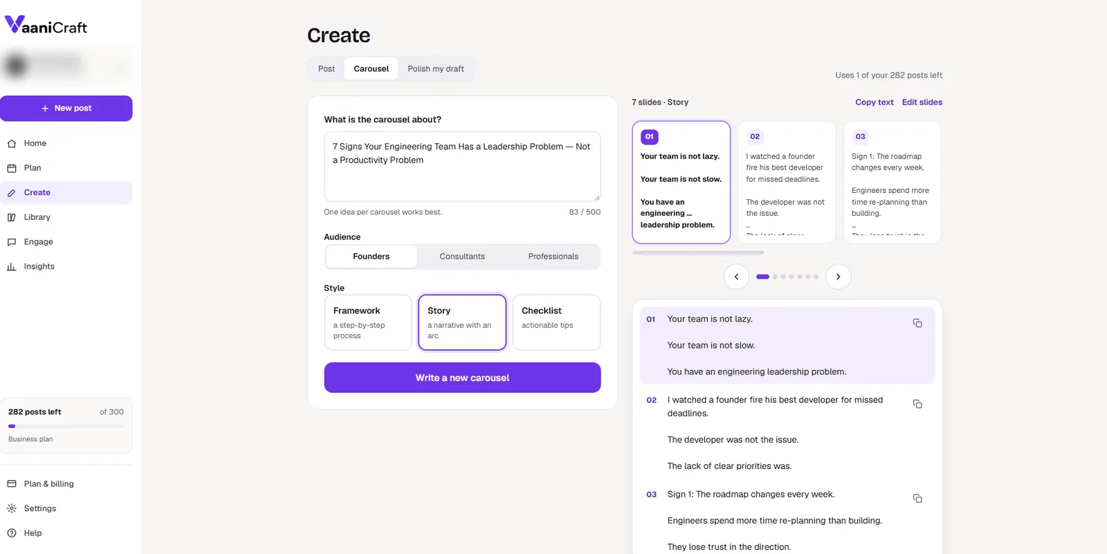 Create, Carousel: a topic about engineering leadership with the Founders audience and Story style on the left, and a seven-slide carousel on the right with the first slides previewed and each slide's text listed below.