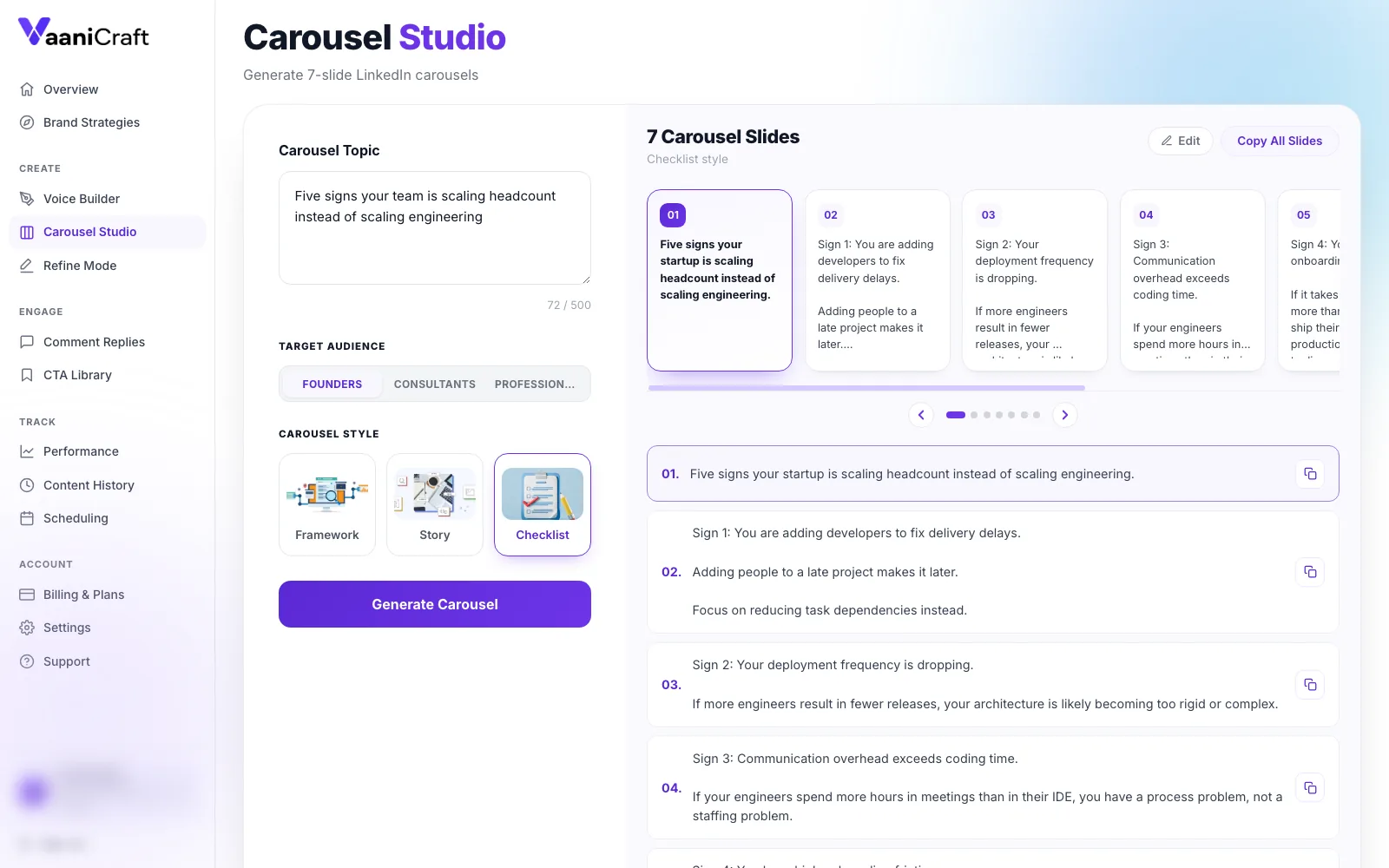 Carousel Studio: one topic and a checklist style on the left, seven finished slides on the right, each numbered and individually copyable.