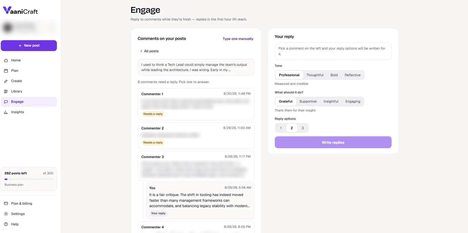 Engage: a published post with comments marked as needing a reply (the commenters' words blurred), and reply settings for tone, intent and the number of options.