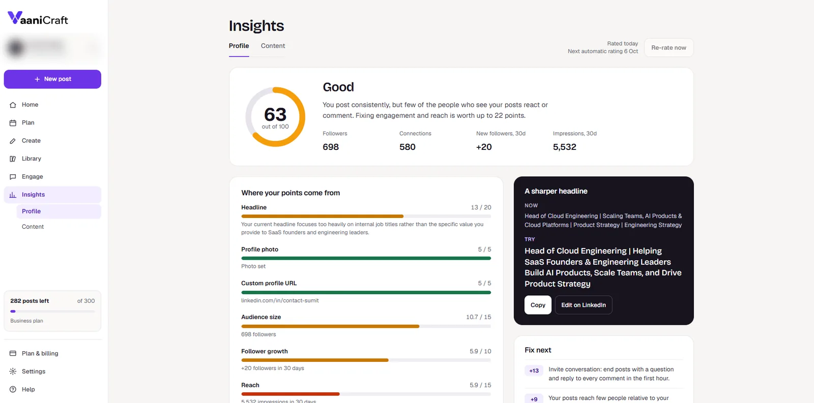 Insights, Profile: a LinkedIn profile score of 63 out of 100 with the points earned for headline, photo, custom URL, audience, growth and reach, and a suggested sharper headline.