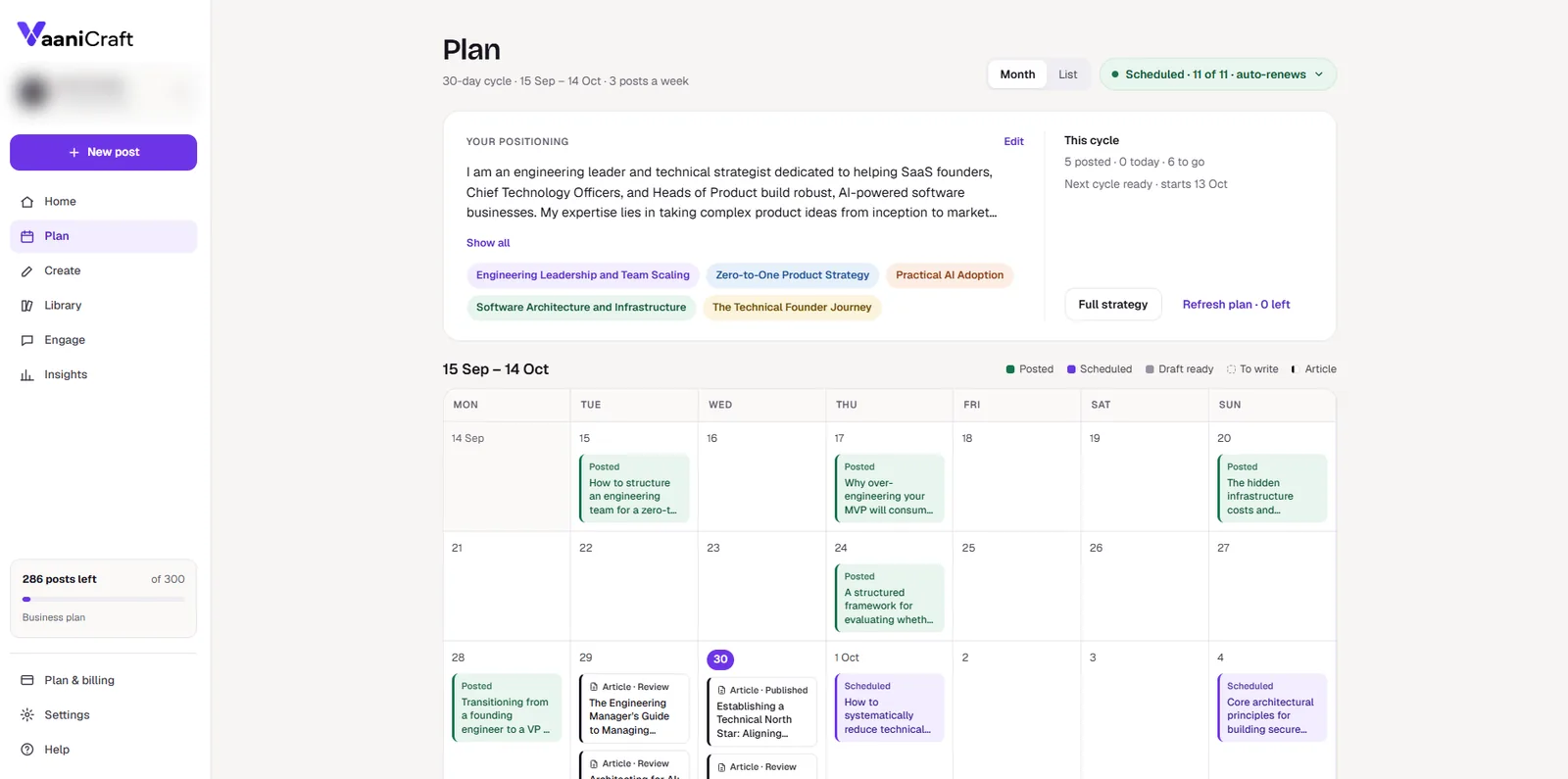 The Plan page: the account's positioning, five content pillars, this cycle's progress, and a month calendar of posted, scheduled and article slots.