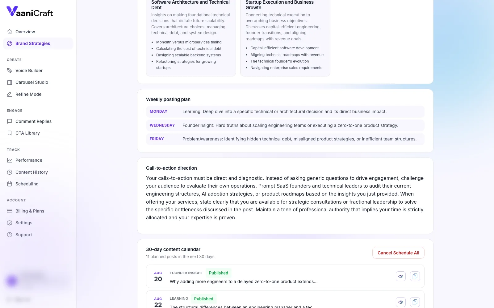 The VaaniCraft strategy page: content pillars on software architecture and startup execution, a Monday/Wednesday/Friday posting plan, call-to-action direction, and a 30-day calendar with eleven planned posts.